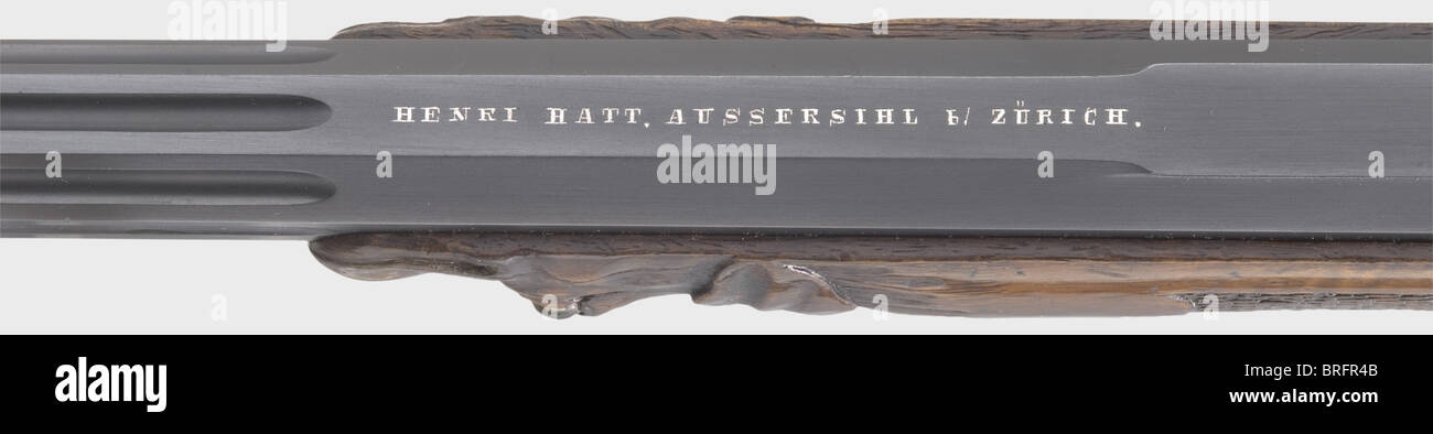 Un fucile da tiro con l'otturatore, azione Martini. Henry Hatt, Aussersihl vicino a Zürich, circa 1880. Calibro 8.15 x 46 R. numero DA 4374. Cilindro ottagonale,con la metà anteriore scanalata. Segni di corrosione leggeri circa 10 cm dietro il musetto. Foro mirrorlike. La firma,'Henri Hatt,Aussersihl b/Zürich', è intarsiata in argento sulla parte superiore della canna, e ci sono arabeschi finemente intarsiati alla fine della birreria. Il ricevitore è finemente inciso e tagliato con scene di caccia e reca l'iscrizione oro intarsiato,' DL. Gehrer - Frauenfeld, Schweit 'trigger set. i regolabile, diritti aggiuntivi-clearences-non disponibile Foto Stock Un fucile da tiro con l'otturatore, azione Martini. Henry Hatt, Aussersihl vicino a Zürich, circa 1880. Calibro 8.15 x 46 R. numero DA 4374. Cilindro ottagonale,con la metà anteriore scanalata. Segni di corrosione leggeri circa 10 cm dietro il musetto. Foro mirrorlike. La firma,'Henri Hatt,Aussersihl b/Zürich', è intarsiata in argento sulla parte superiore della canna, e ci sono arabeschi finemente intarsiati alla fine della birreria. Il ricevitore è finemente inciso e tagliato con scene di caccia e reca l'iscrizione oro intarsiato,' DL. Gehrer - Frauenfeld, Schweit 'trigger set. i regolabile, diritti aggiuntivi-clearences-non disponibile Foto Stock