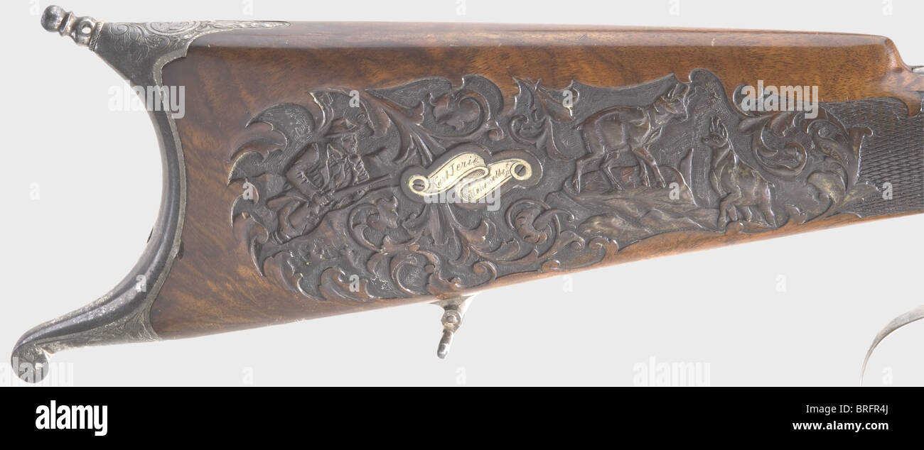 Un fucile da tiro con l'otturatore, azione Martini. Henry Hatt, Aussersihl vicino a Zürich, circa 1880. Calibro 8.15 x 46 R. numero DA 4374. Cilindro ottagonale,con la metà anteriore scanalata. Segni di corrosione leggeri circa 10 cm dietro il musetto. Foro mirrorlike. La firma,'Henri Hatt,Aussersihl b/Zürich', è intarsiata in argento sulla parte superiore della canna, e ci sono arabeschi finemente intarsiati alla fine della birreria. Il ricevitore è finemente inciso e tagliato con scene di caccia e reca l'iscrizione oro intarsiato,' DL. Gehrer - Frauenfeld, Schweit 'trigger set. i regolabile, diritti aggiuntivi-clearences-non disponibile Foto Stock Un fucile da tiro con l'otturatore, azione Martini. Henry Hatt, Aussersihl vicino a Zürich, circa 1880. Calibro 8.15 x 46 R. numero DA 4374. Cilindro ottagonale,con la metà anteriore scanalata. Segni di corrosione leggeri circa 10 cm dietro il musetto. Foro mirrorlike. La firma,'Henri Hatt,Aussersihl b/Zürich', è intarsiata in argento sulla parte superiore della canna, e ci sono arabeschi finemente intarsiati alla fine della birreria. Il ricevitore è finemente inciso e tagliato con scene di caccia e reca l'iscrizione oro intarsiato,' DL. Gehrer - Frauenfeld, Schweit 'trigger set. i regolabile, diritti aggiuntivi-clearences-non disponibile Foto Stock
