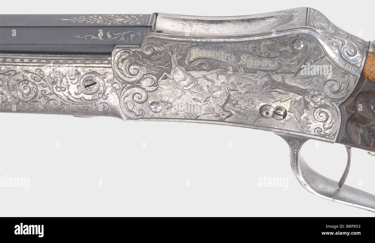 Un fucile da tiro con l'otturatore, azione Martini. Henry Hatt, Aussersihl vicino a Zürich, circa 1880. Calibro 8.15 x 46 R. numero DA 4374. Cilindro ottagonale,con la metà anteriore scanalata. Segni di corrosione leggeri circa 10 cm dietro il musetto. Foro mirrorlike. La firma,'Henri Hatt,Aussersihl b/Zürich', è intarsiata in argento sulla parte superiore della canna, e ci sono arabeschi finemente intarsiati alla fine della birreria. Il ricevitore è finemente inciso e tagliato con scene di caccia e reca l'iscrizione oro intarsiato,' DL. Gehrer - Frauenfeld, Schweit 'trigger set. i regolabile, diritti aggiuntivi-clearences-non disponibile Foto Stock Un fucile da tiro con l'otturatore, azione Martini. Henry Hatt, Aussersihl vicino a Zürich, circa 1880. Calibro 8.15 x 46 R. numero DA 4374. Cilindro ottagonale,con la metà anteriore scanalata. Segni di corrosione leggeri circa 10 cm dietro il musetto. Foro mirrorlike. La firma,'Henri Hatt,Aussersihl b/Zürich', è intarsiata in argento sulla parte superiore della canna, e ci sono arabeschi finemente intarsiati alla fine della birreria. Il ricevitore è finemente inciso e tagliato con scene di caccia e reca l'iscrizione oro intarsiato,' DL. Gehrer - Frauenfeld, Schweit 'trigger set. i regolabile, diritti aggiuntivi-clearences-non disponibile Foto Stock