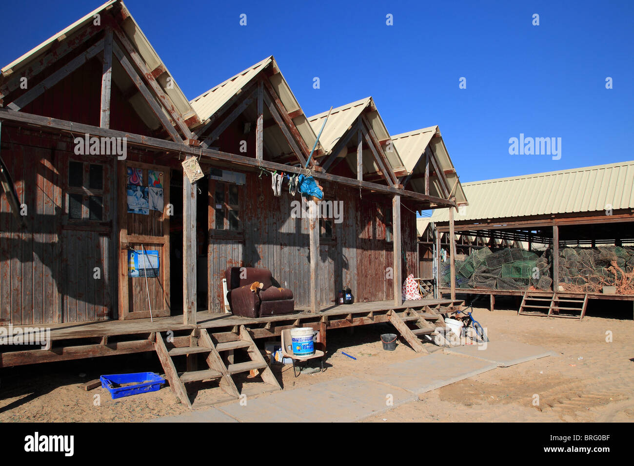 I pescatori capanne sulla spiaggia di Albufeira, Portogallo Foto Stock