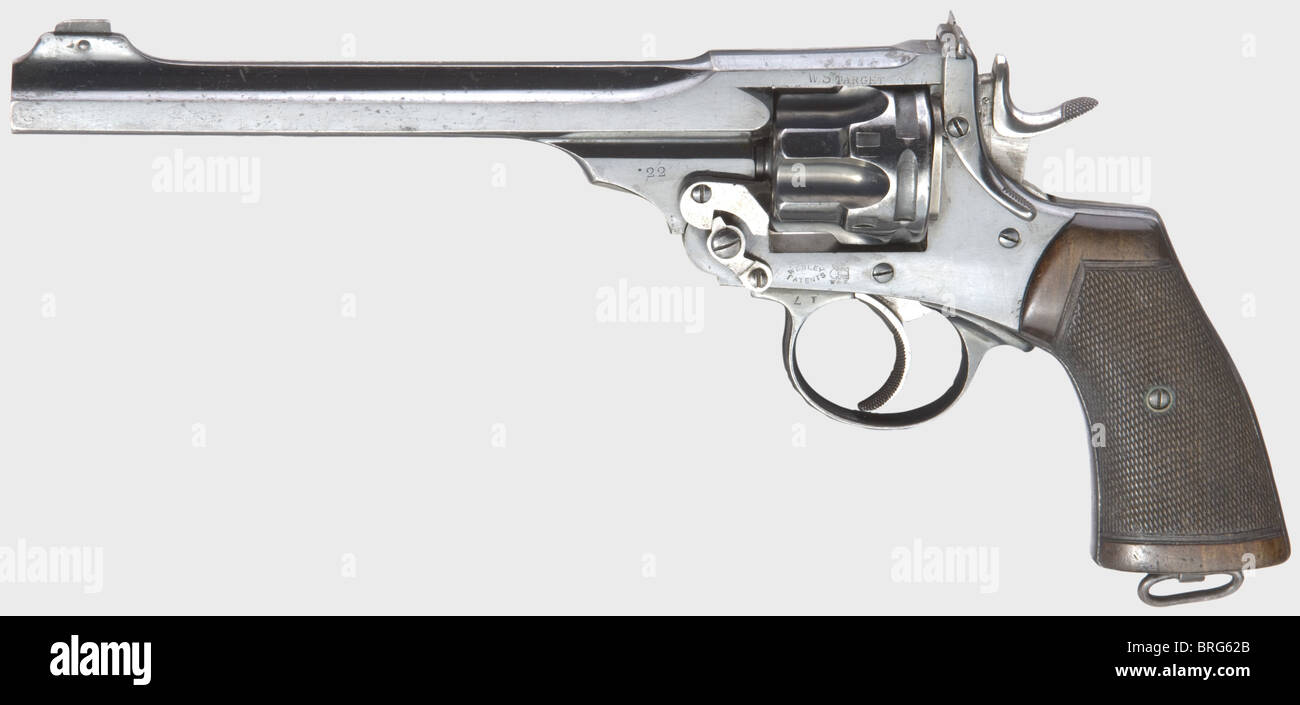Un modello Webley W.S.target di calibro .22 l.r.,(W.S.= Webley Service), n.127223.Matching Numbers.Bright Bore,bedded Barrel,length 7.5'.6-shot.Adjustable Sight.Stepped,fluted drum.Ribbed target trigger.on Barrel RIB marcato 'P.WEBLEY & SON & SON & BIRMINGHAM.', sinistra sul corpo cilindrico '.22', sul fondo nero.Browel bloss.Brand.Brand.Whole bloss.Whole with 'Black bloss.Thing.Thing with the bloss.Whole.Whole.Whole Grip panels.Lanyard loop.almost new condition.very rare.This revolver is Illustrated and, Additional-Rights-clearences-not available Foto Stock