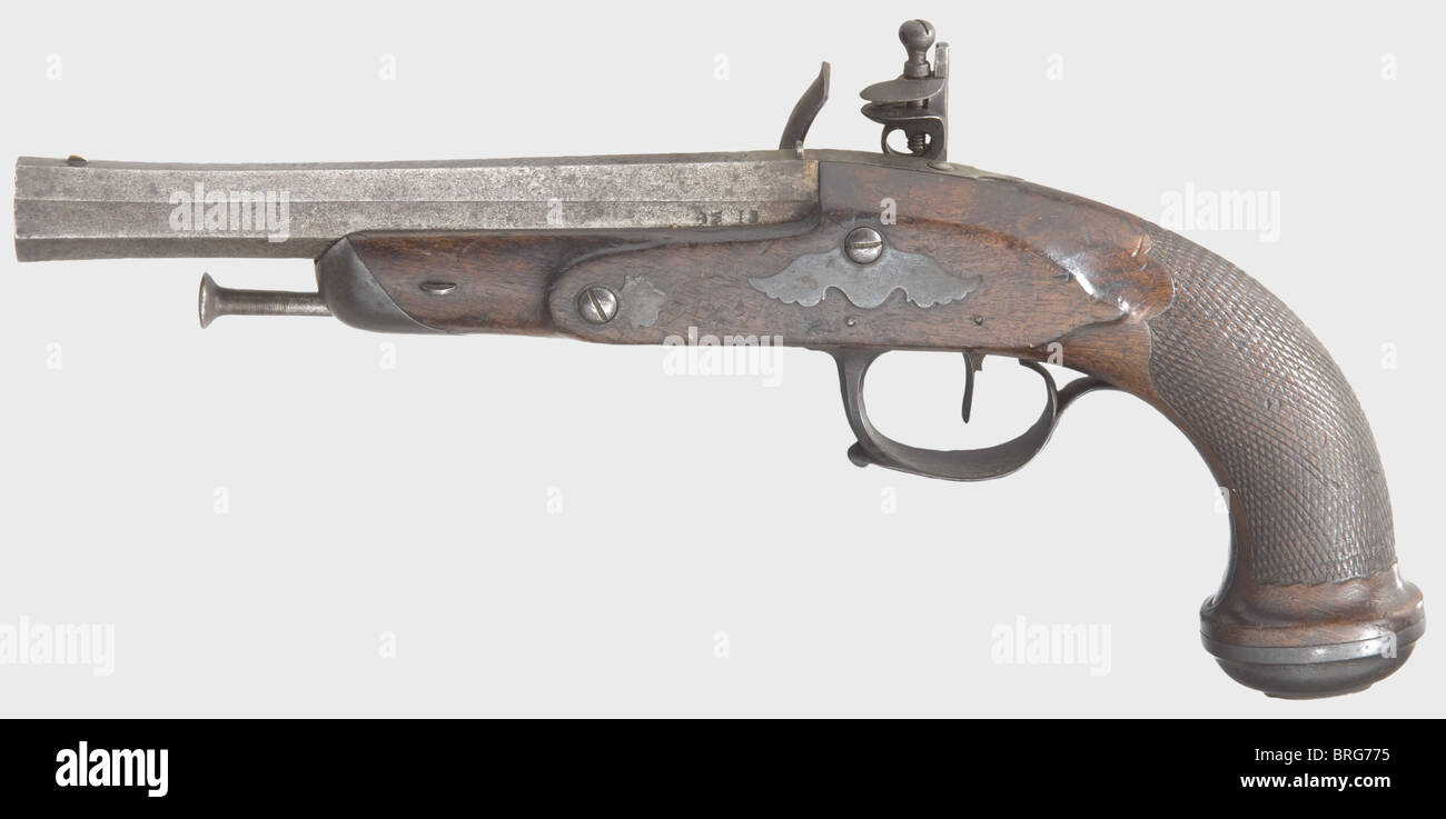 Un paio di pistole ufficiale flintlock, Lepage, Parigi, circa 1820.ottagonale, barili rigonati con microflatura in calibro 17 mm.ciascuna è stampigliata 'M' sotto una corona (per Merley, St.Etienne) sul lato della camera.ci sono viste frontali in ottone, in ferro posteriore, e l'incisione 'Fourni Par Lintepage originale con la parte superiore blindata di Parigi In Places.Walnut metà stock con i butt scacchi e liscio ferro furniture.Iron ramtonds.Iron parti hanno patina e corrosione leggera.lunghezza di ogni 34.5 cm.Ufficio di acquisto privato, Additional-Rights-clearences-non disponibile Foto Stock