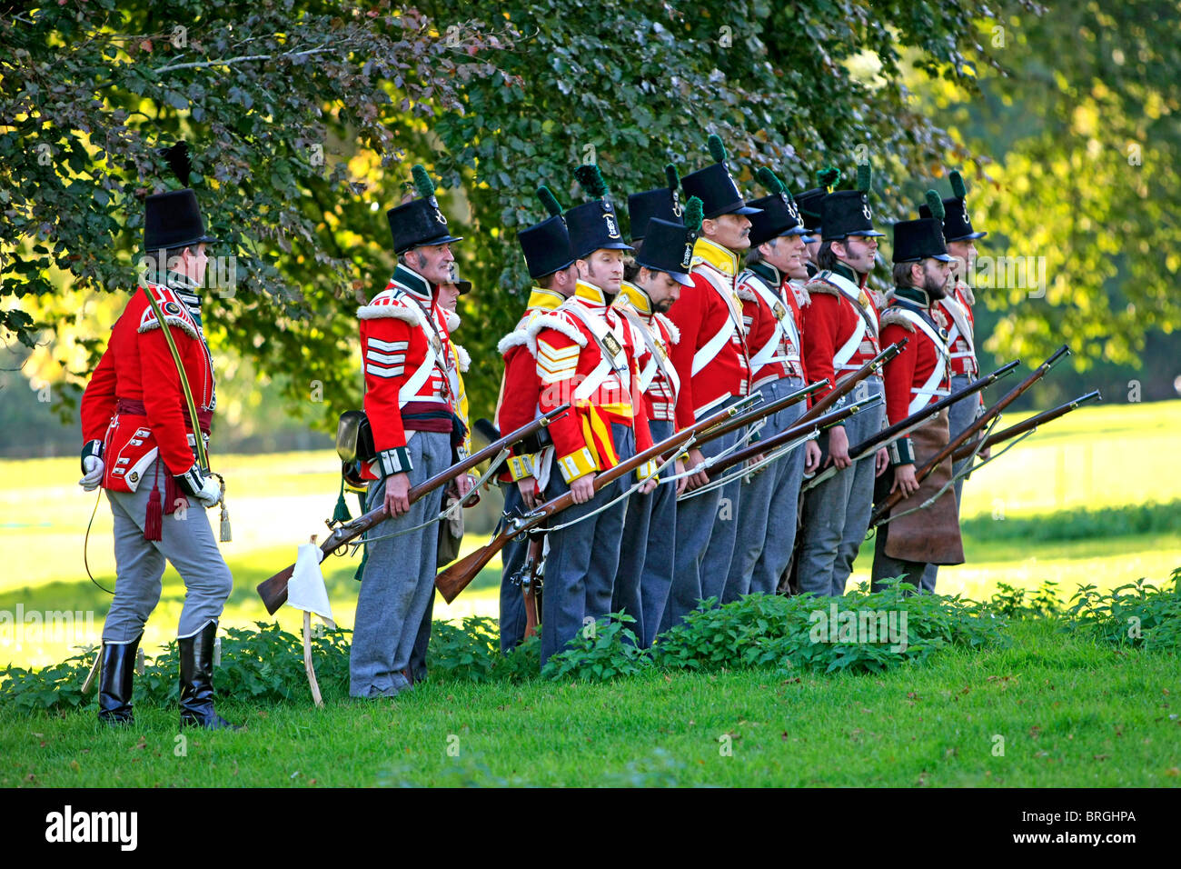 Soldati della fanteria leggera Durham in una ricreazione del 1815 Battaglia di Waterloo Foto Stock