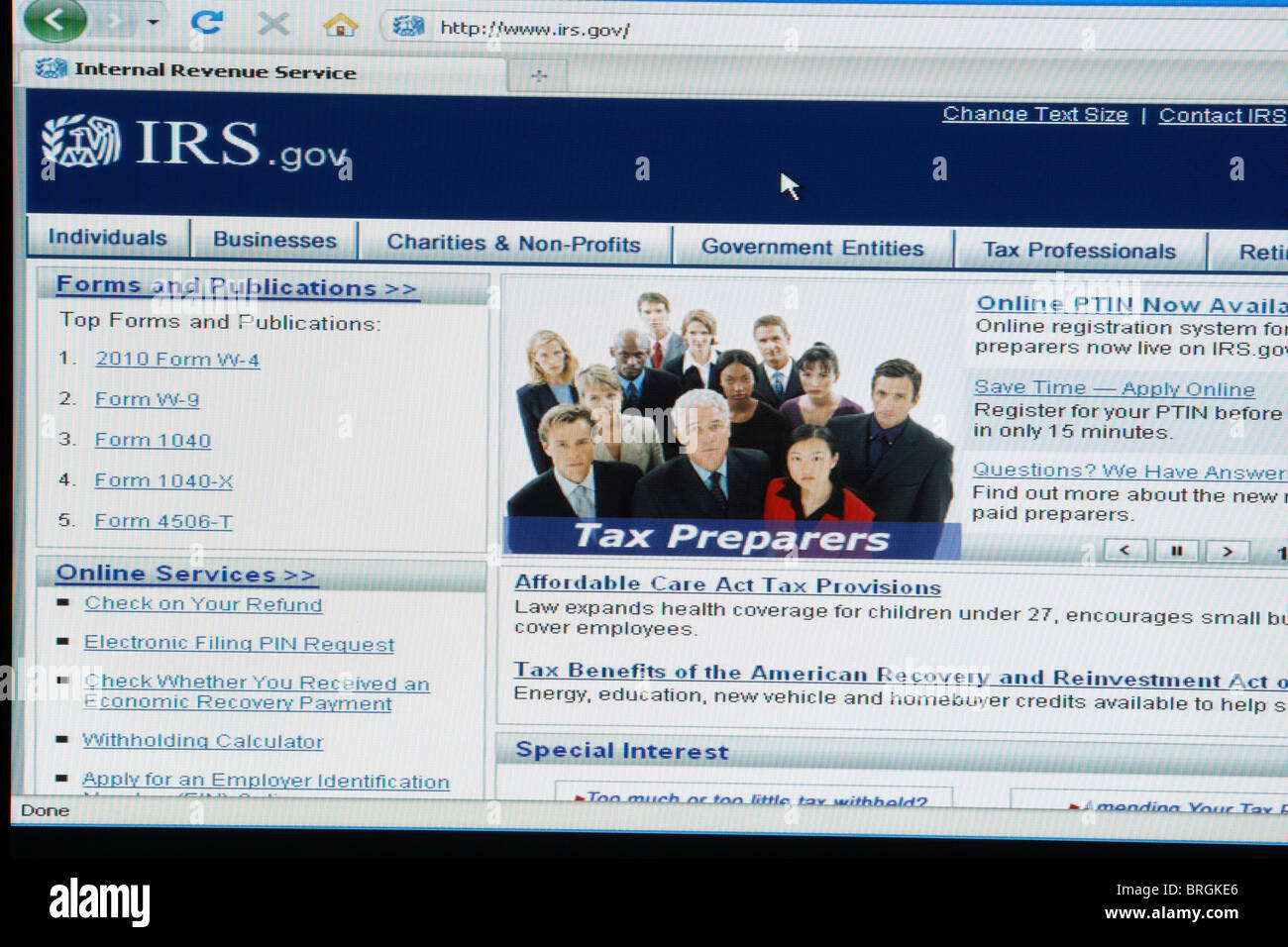 Sito web di screen shot della IRS Internal Revenue Service site Foto Stock