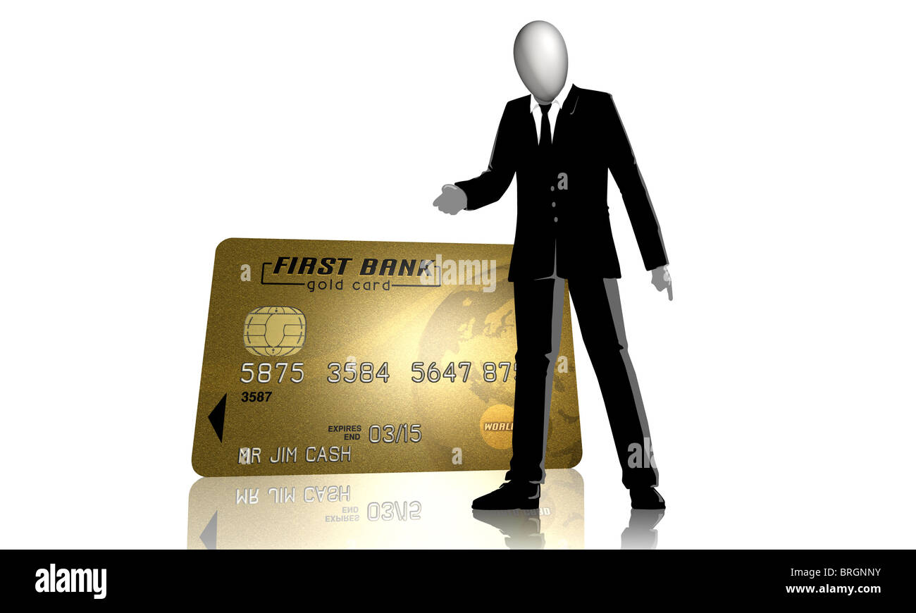 Un uomo in piedi vicino a una gold credit card Foto Stock