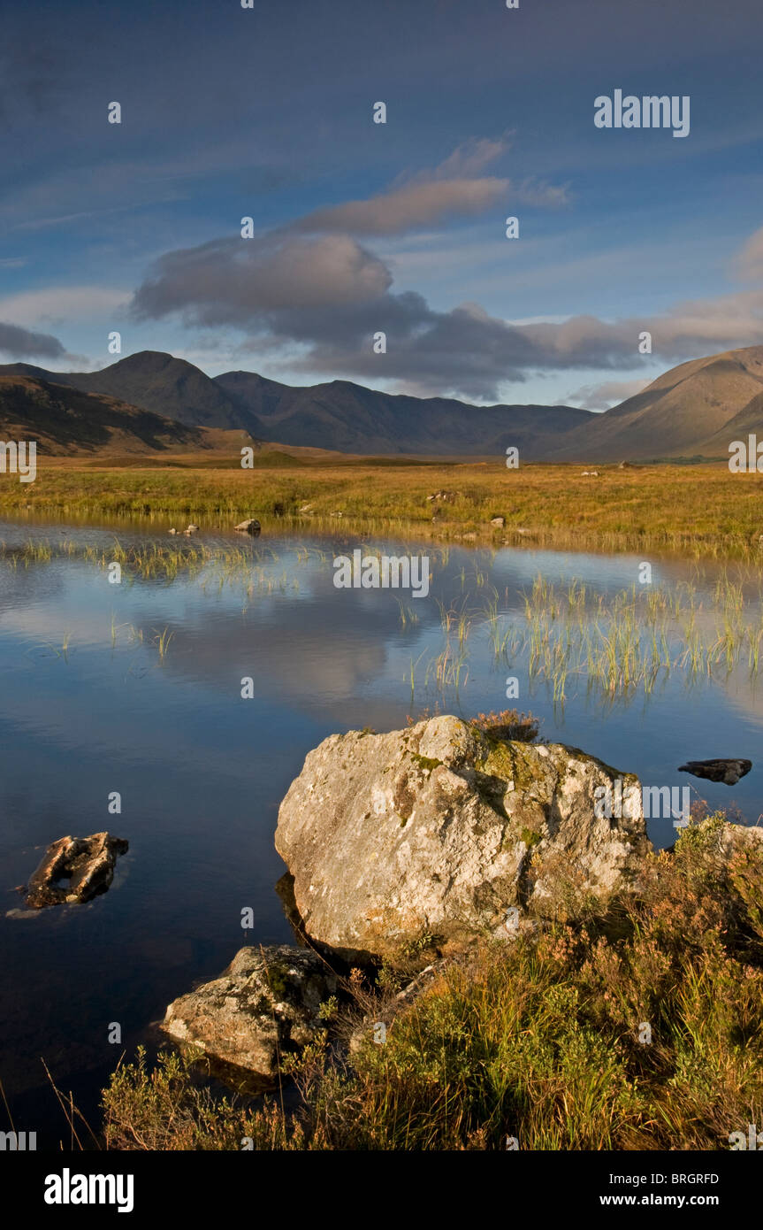 Sole di mattina attraverso il tetro paesaggio di Lochan na-Achlaise a Blackmount Rannoch Moor. Inverness-shire. Scozia 6792 SCO Foto Stock