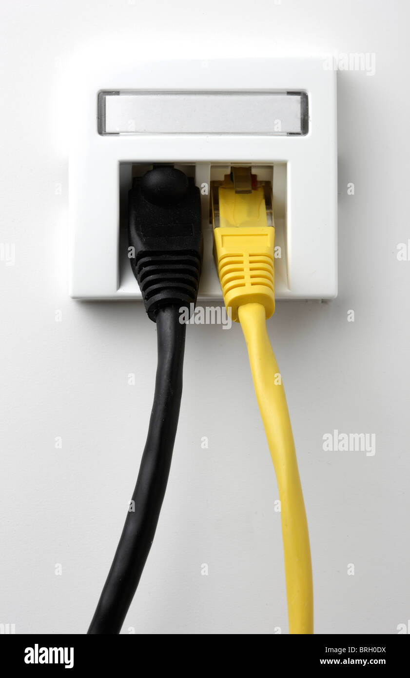 Computer cavo di rete in una presa di corrente a muro. Per il collegamento  del computer ad una rete, Internet, linee telefoniche Foto stock - Alamy