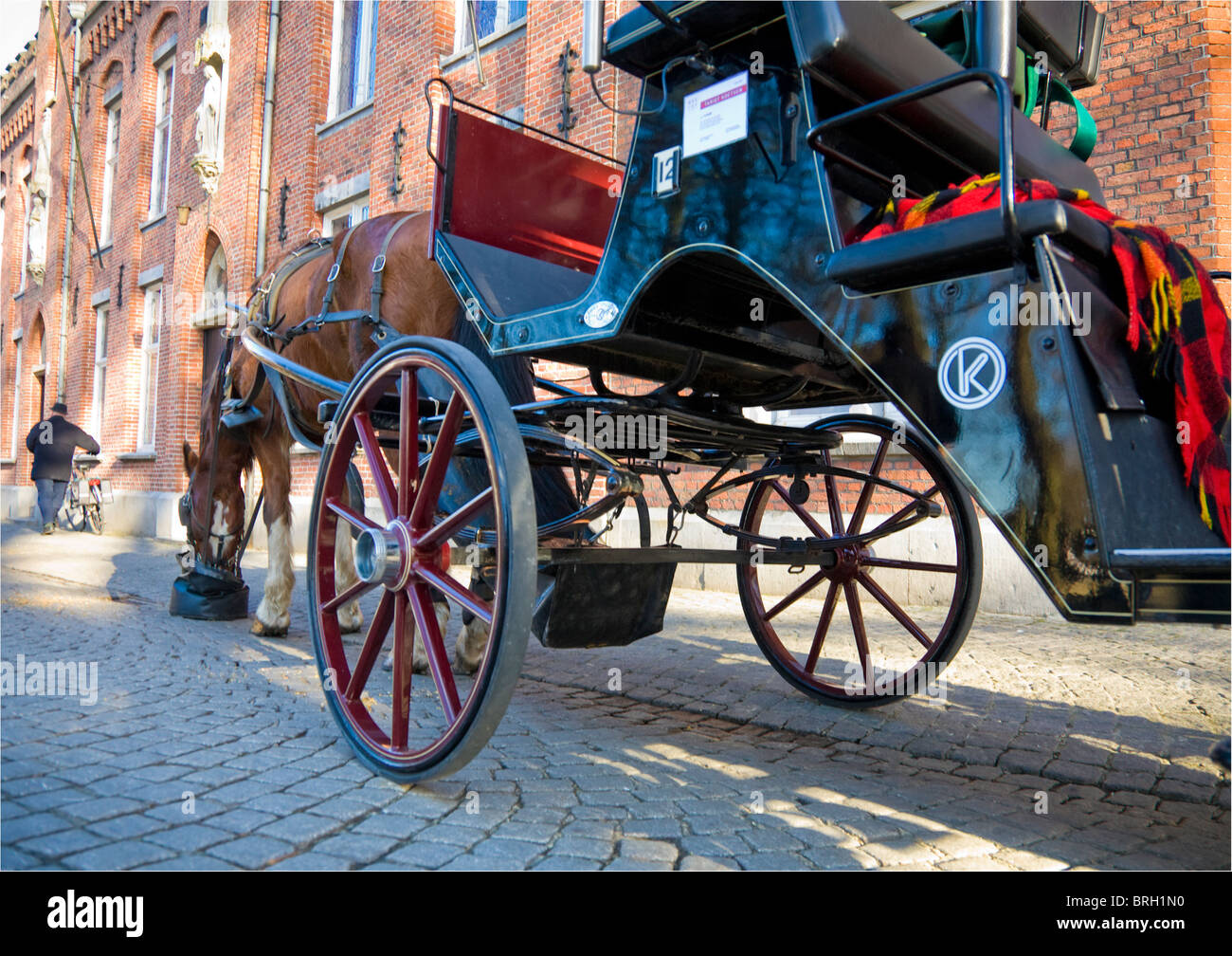 Un cavallo di prendere una pausa dalle gite turistiche in Brugges Foto Stock