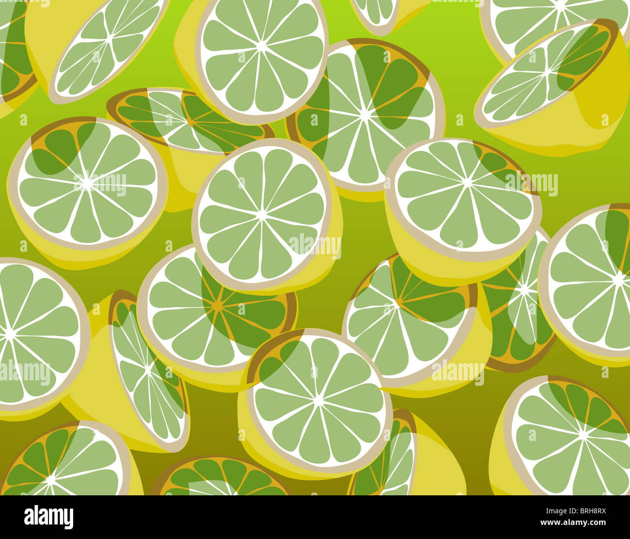 Illustrazione della caduta di verde a fette di limoni Foto Stock