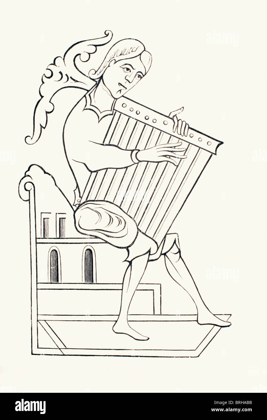 Un nono secolo musicista suonare uno strumento noto come un psalterium. Foto Stock