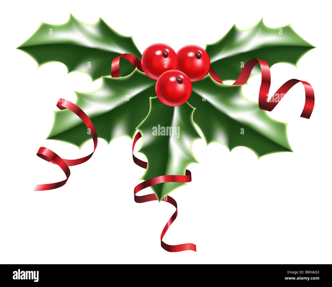 Illustrazione di un rametto di agrifoglio con bacche rosse e nastri di colore rosso Foto Stock