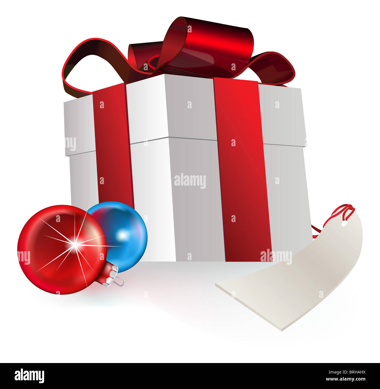Illustrazione di una confezione regalo di natale e baubles, raffigurante un regalo stagionali Foto Stock