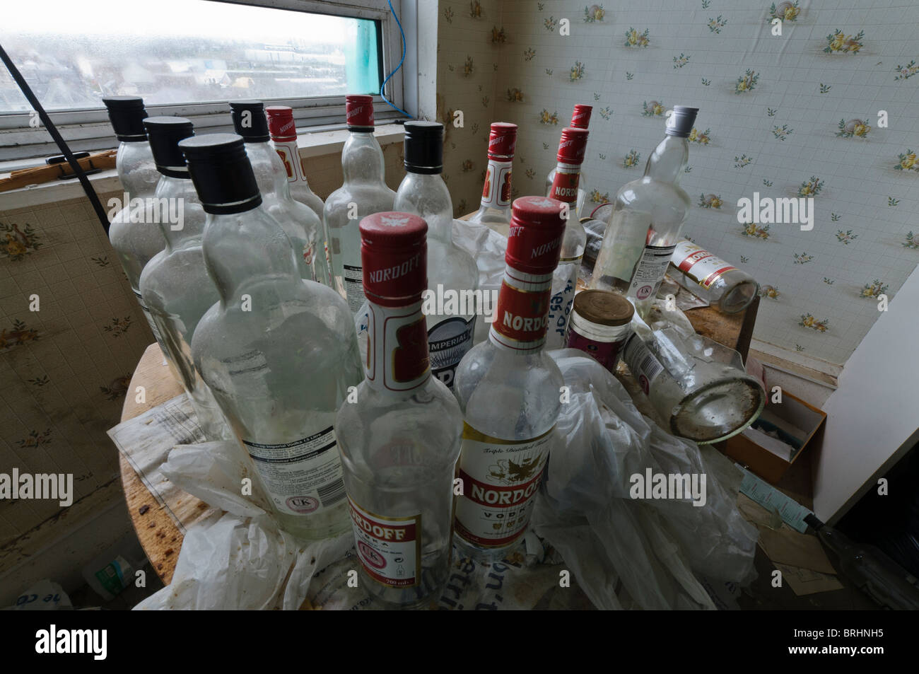 Un sacco di svuotare le bottiglie di vodka su un tavolo da cucina Foto  stock - Alamy