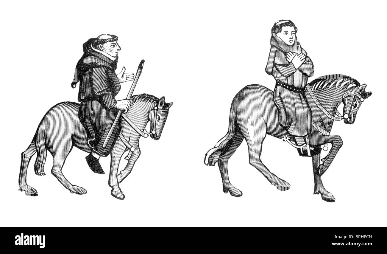 Bianco e Nero illustrazione; il frate e Parson, dal manoscritto di Ellesmere del Canterbury Tales, Foto Stock
