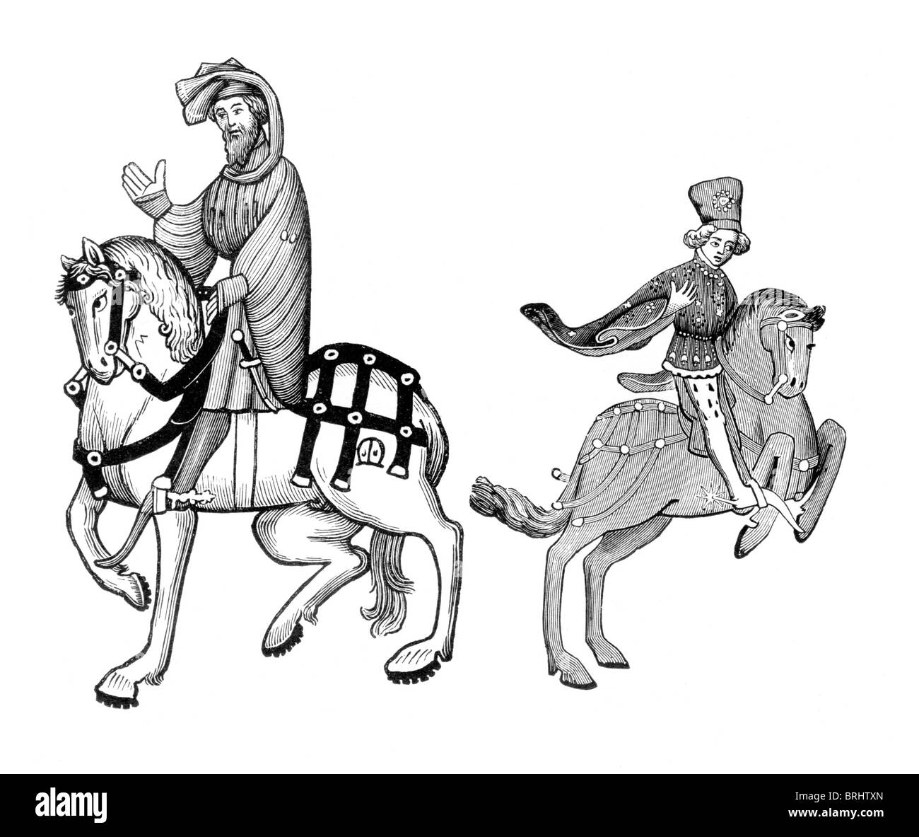 Bianco e Nero illustrazione; il cavaliere e lo scudiero, dal manoscritto di Ellesmere del Canterbury Tales, Foto Stock