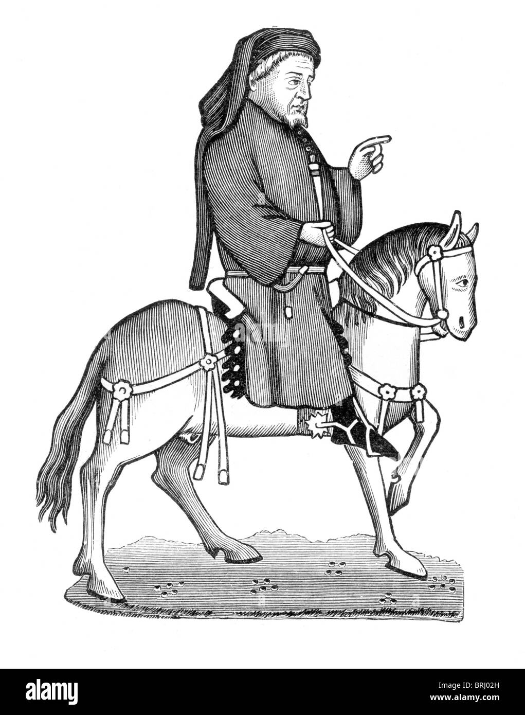 Bianco e Nero illustrazione; Geoffrey Chaucer a cavallo, dal manoscritto di Ellesmere di Canterbury Tales Foto Stock