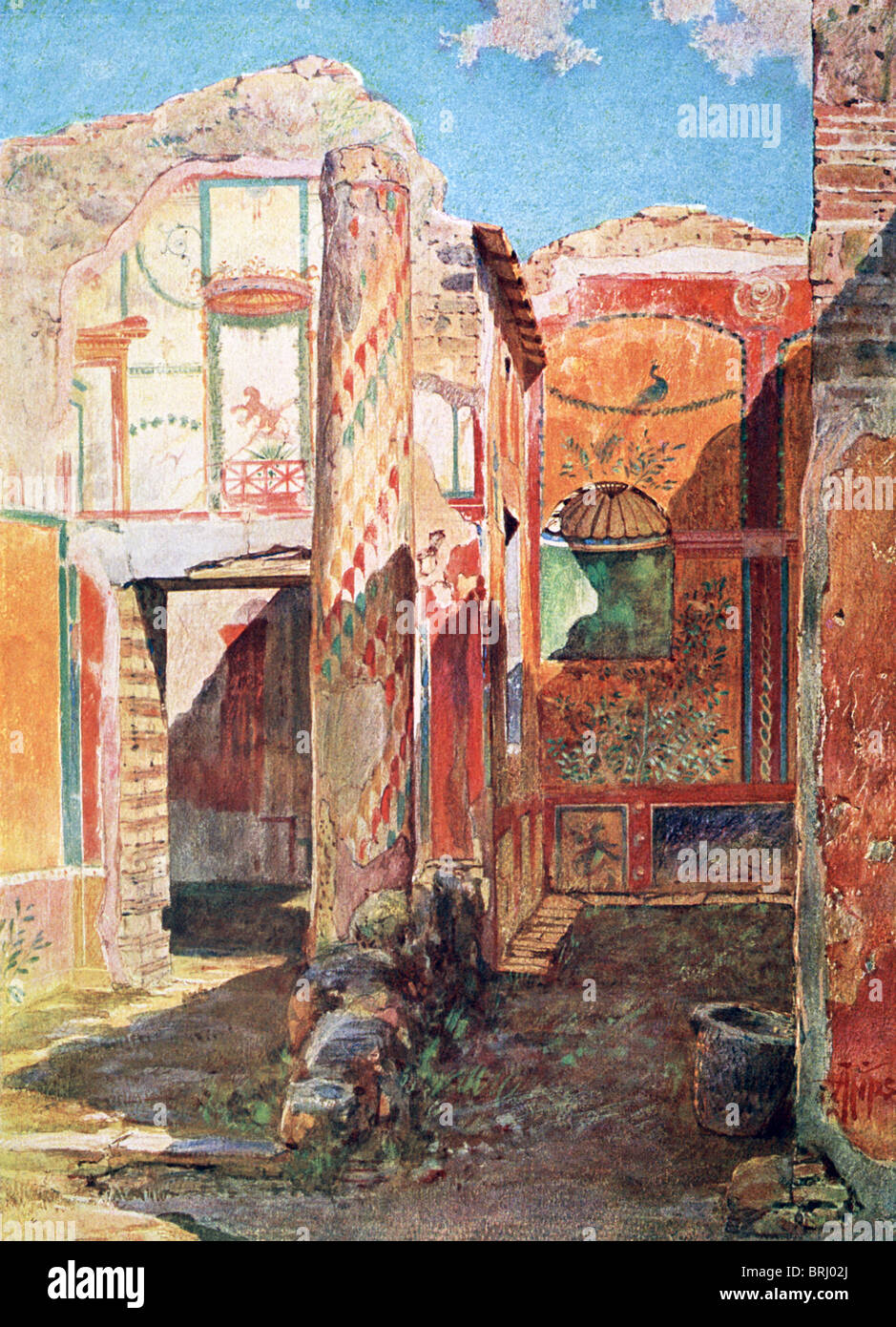 Questa illustrazione mostra una vista di una camera interna di una casa di Pompei, con il ripristino dei colori sulla base di reperti rinvenuti. Foto Stock