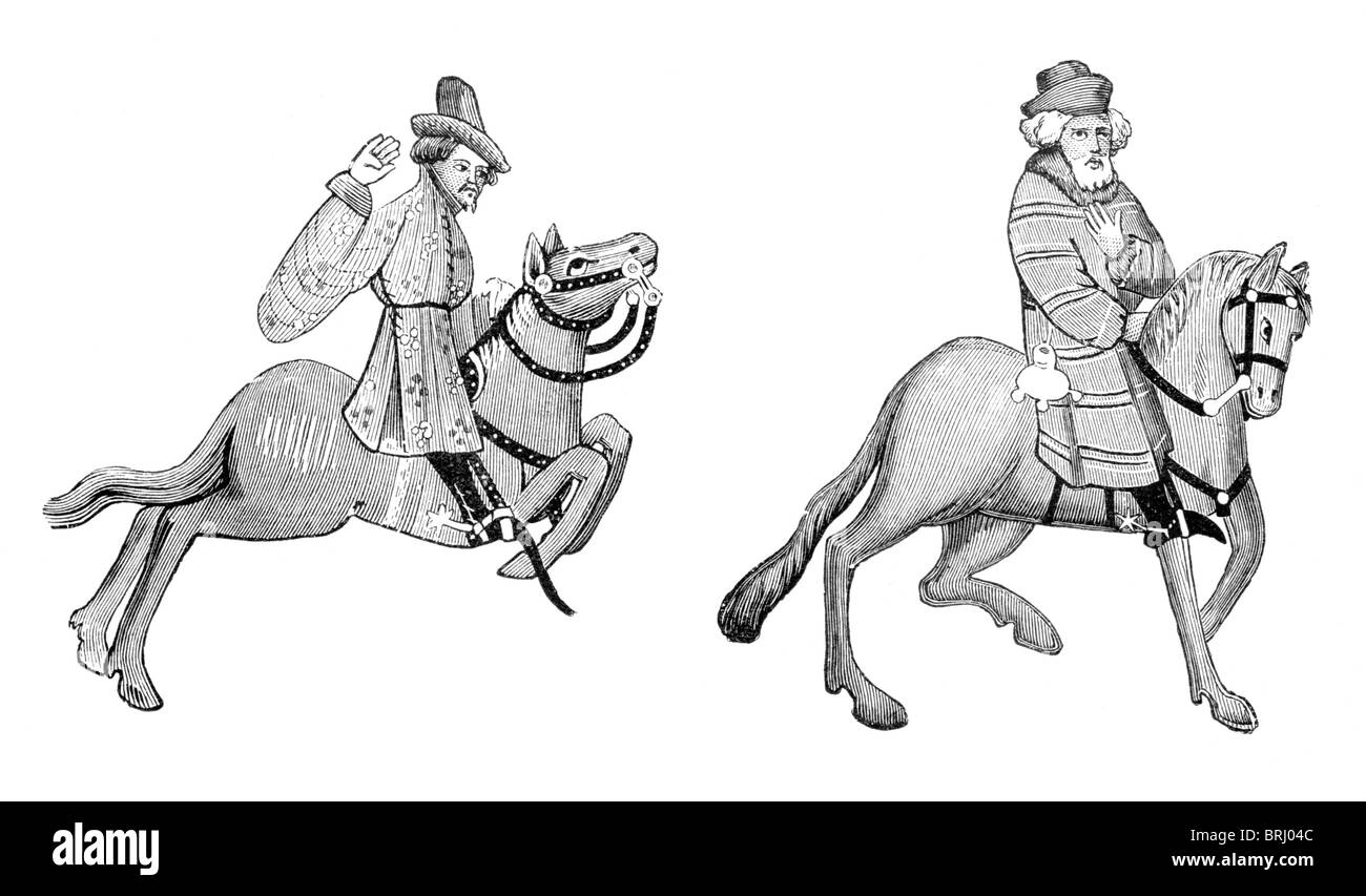 Bianco e Nero illustrazione; Il Merchant e Franklin, dal manoscritto di Ellesmere del Canterbury Tales, Foto Stock