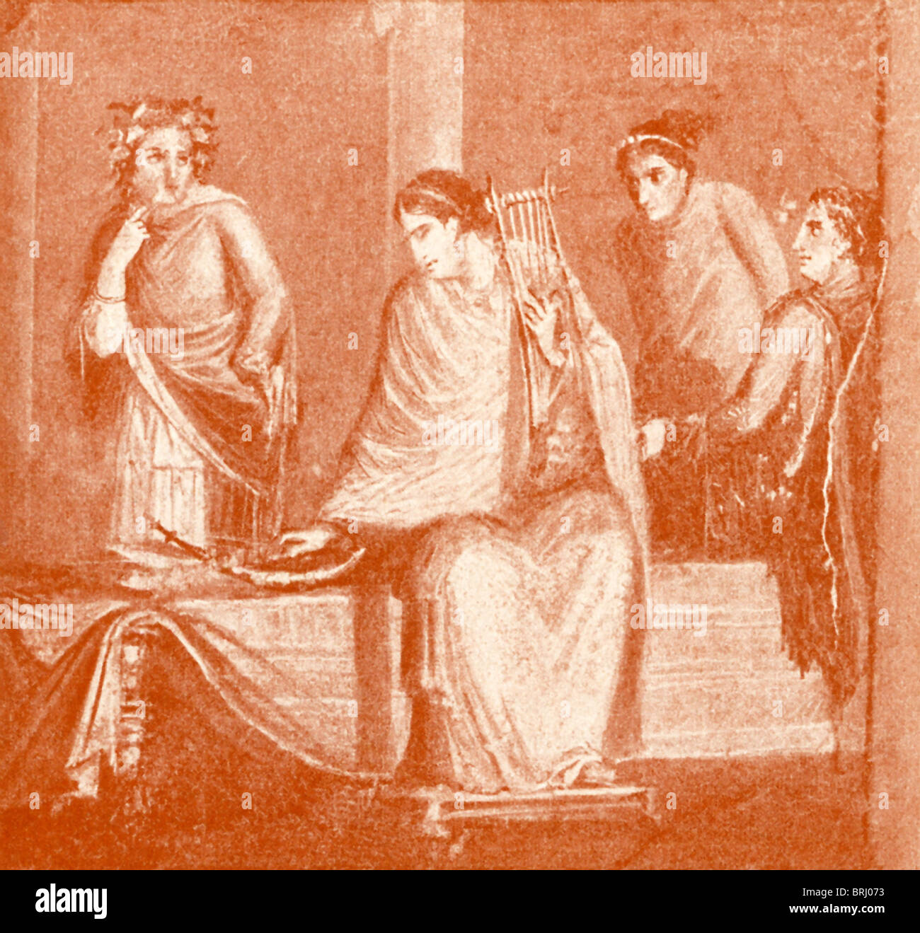 Pompei pitture murali mostra quattro musicisti femminile, uno dei quali è il tuning due strumenti a corda il suono in unisono. Foto Stock
