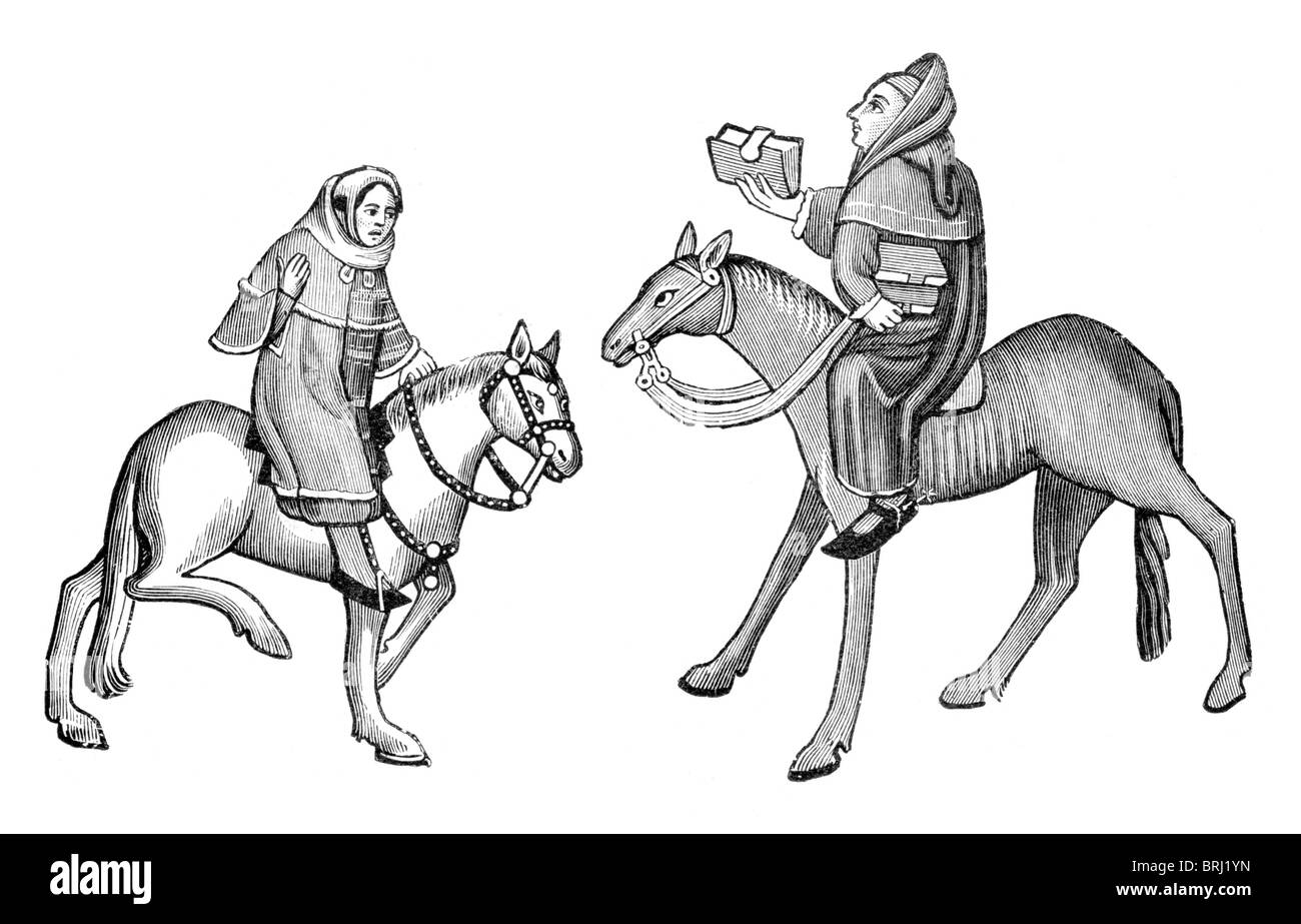 Bianco e Nero illustrazione; l'uomo di legge e il cancelliere di Oxford, dal manoscritto di Ellesmere del Canterbury Tales, Foto Stock