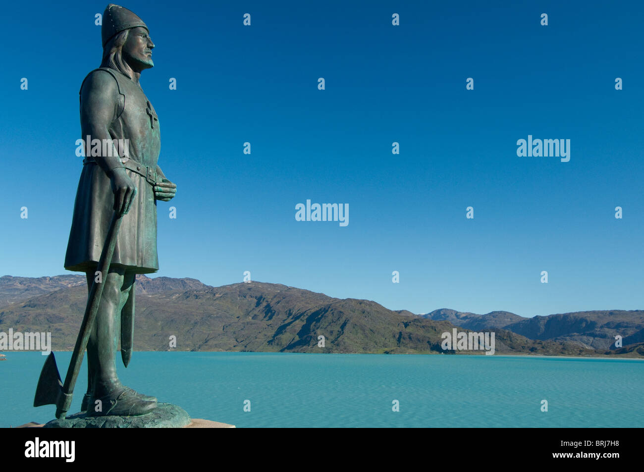 La Groenlandia, Brattahlid (aka Qassiarsuk) liquidazione fondata da Erik il Rosso. Statua del famoso esploratore norvegese Leif Erikson Foto Stock