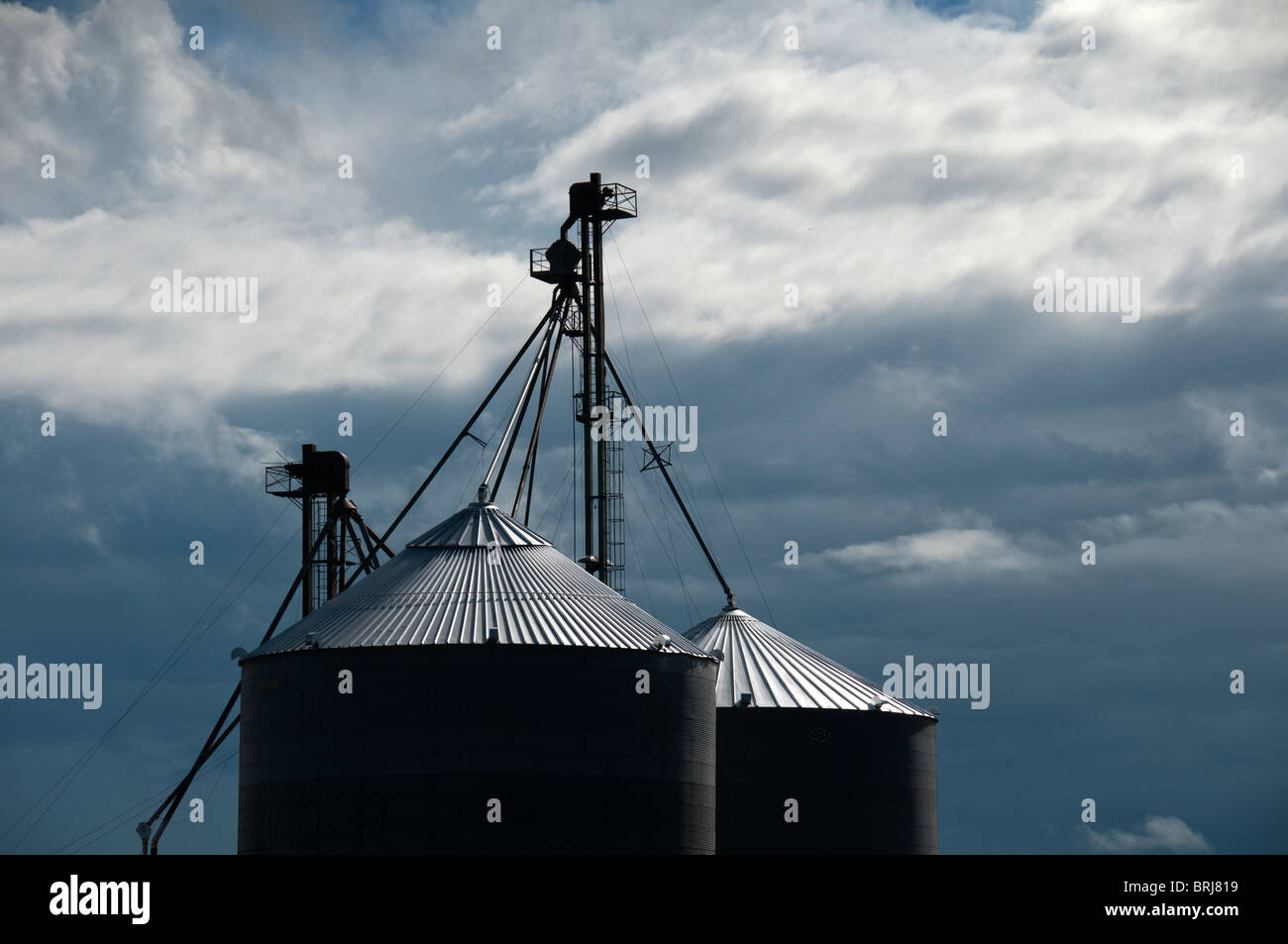 Metallo silos per il grano cielo nuvoloso. Foto Stock