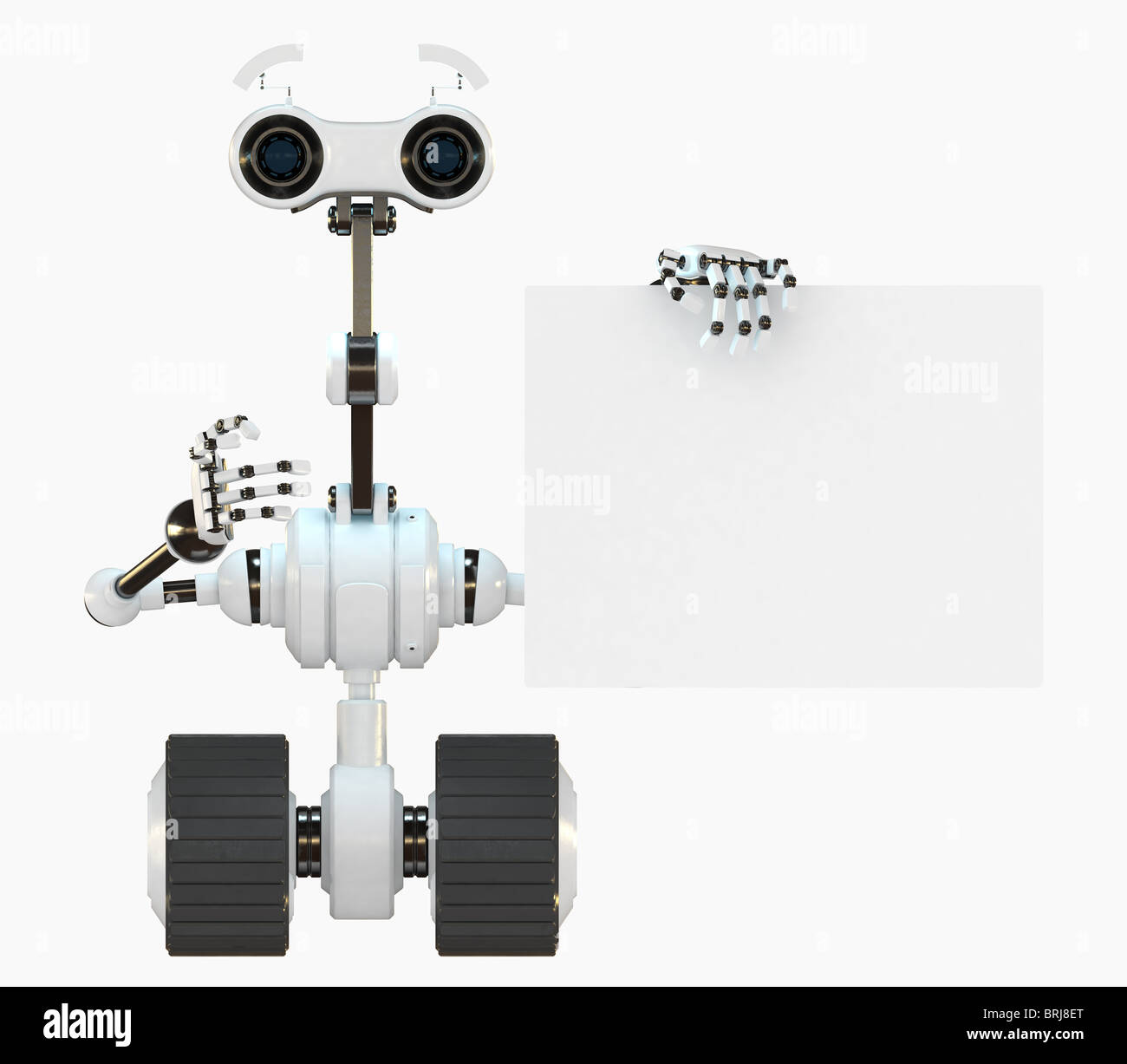 Cool robot cyborg mostra sulla scheda vuota. Bianco moderno helper robotizzati rende la presentazione aziendale Foto Stock
