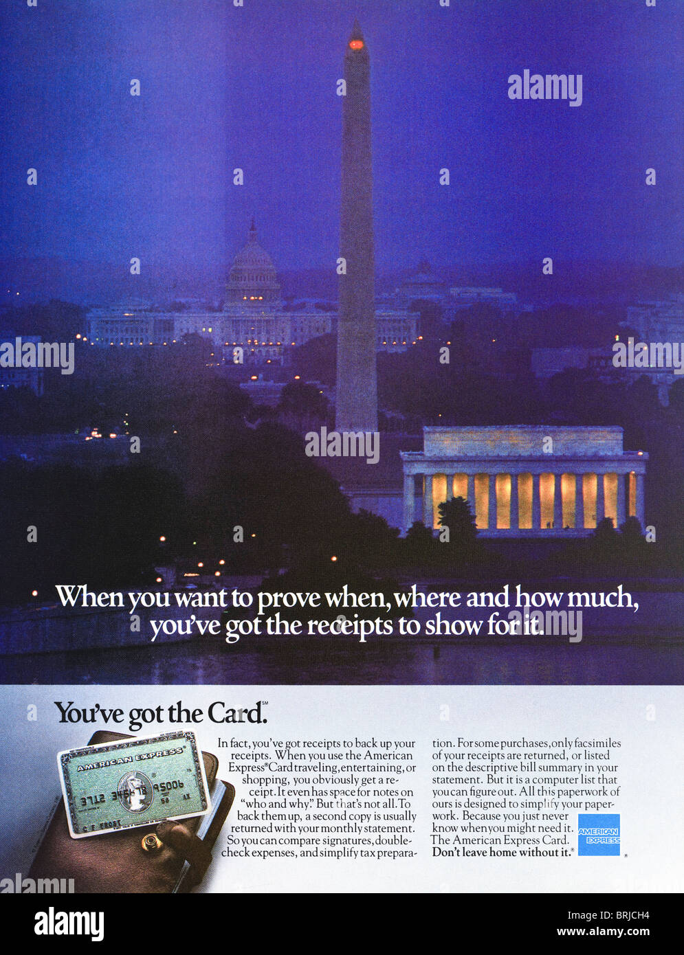 Pubblicità a colori Classic American Express Card sulla rivista americana di moda circa 1983 Foto Stock