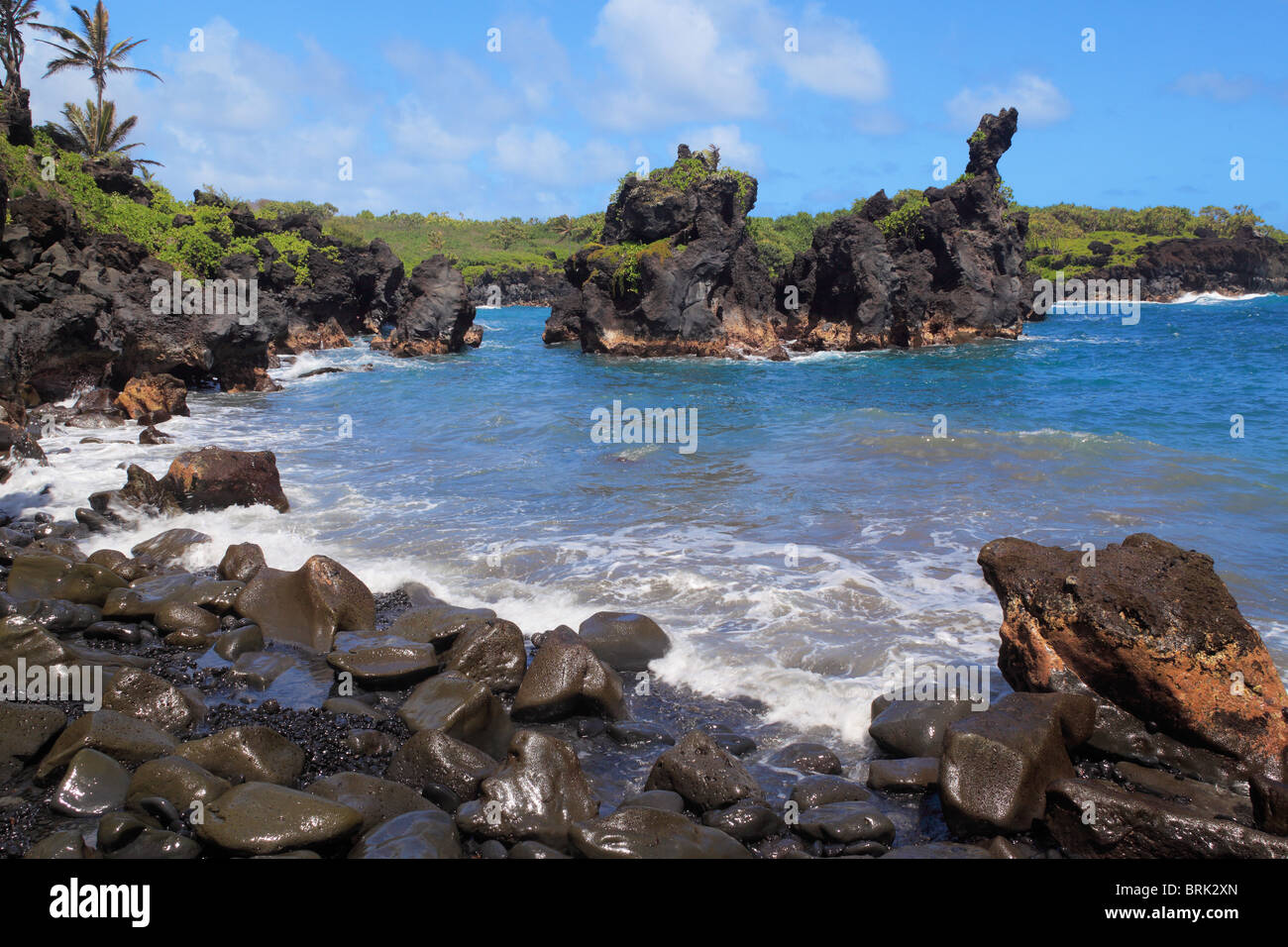 Spiaggia di sabbia nera Waianapanapa State Park, Maui, Hawaii Foto Stock