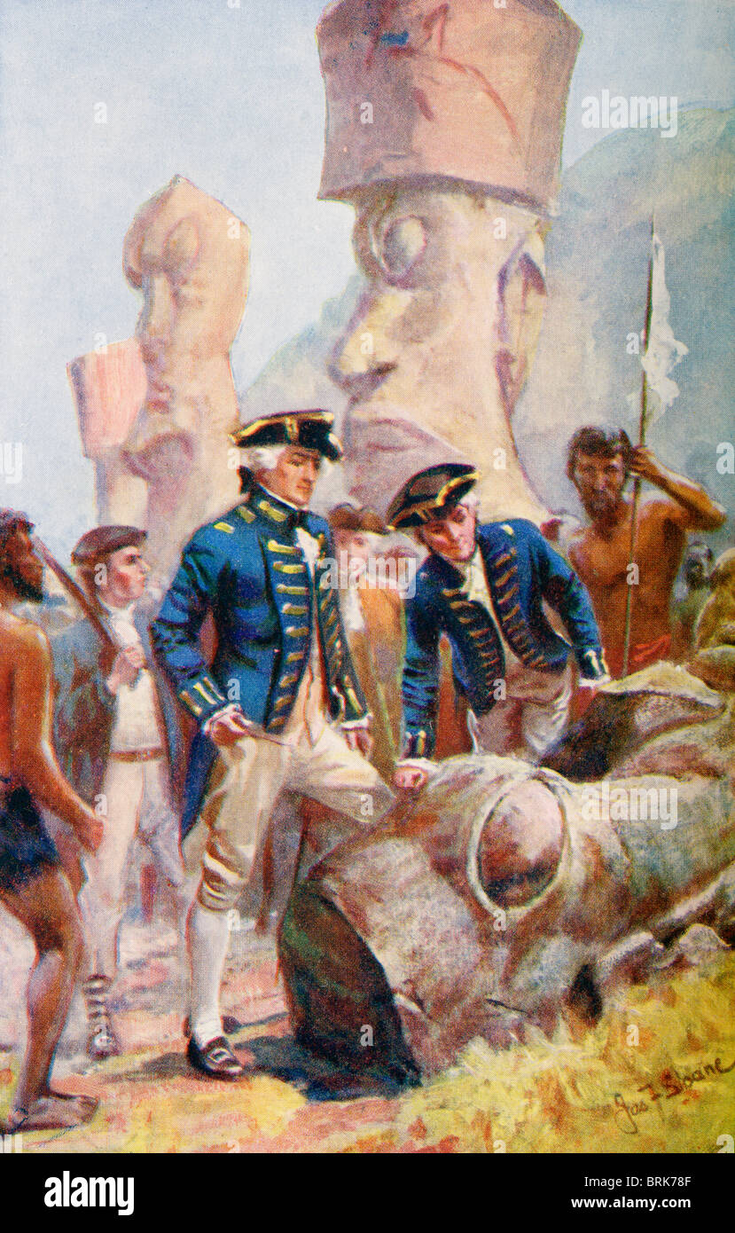 Il capitano James Cook esaminando le statue sull'isola di pasqua. Il capitano James Cook, 1728 - 1779. esploratore britannico, navigator, cartografo, e capitano della Royal Navy Foto Stock