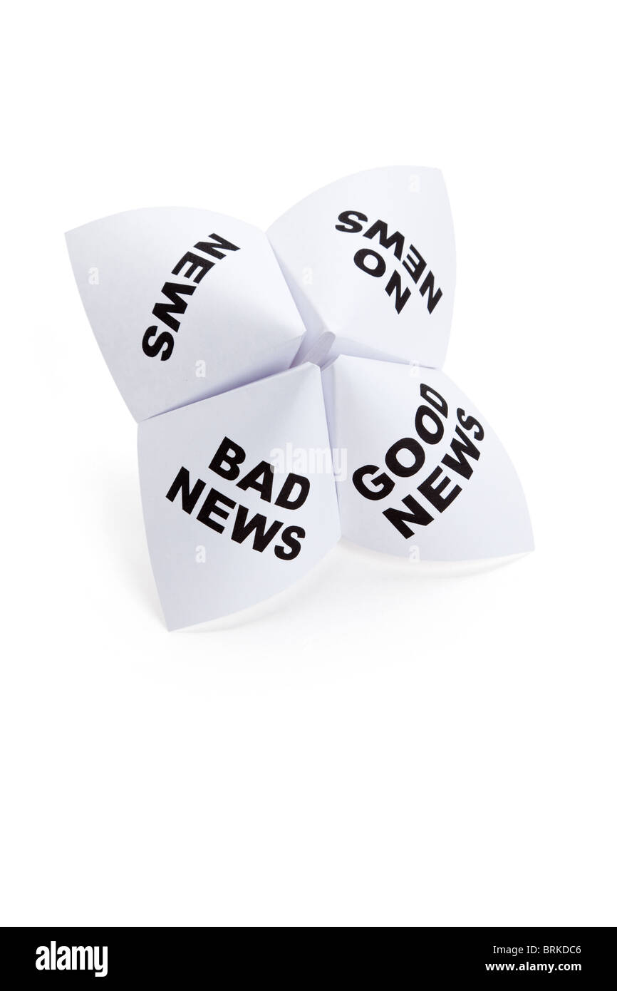Carta Fortune Teller, buone notizie; cattive notizie; Nessuna News; News, la nozione di decisione di business Foto Stock