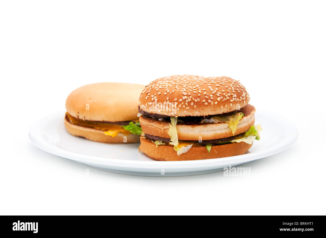 Un gustoso hamburger e cheeseburger su una piastra. Foto Stock