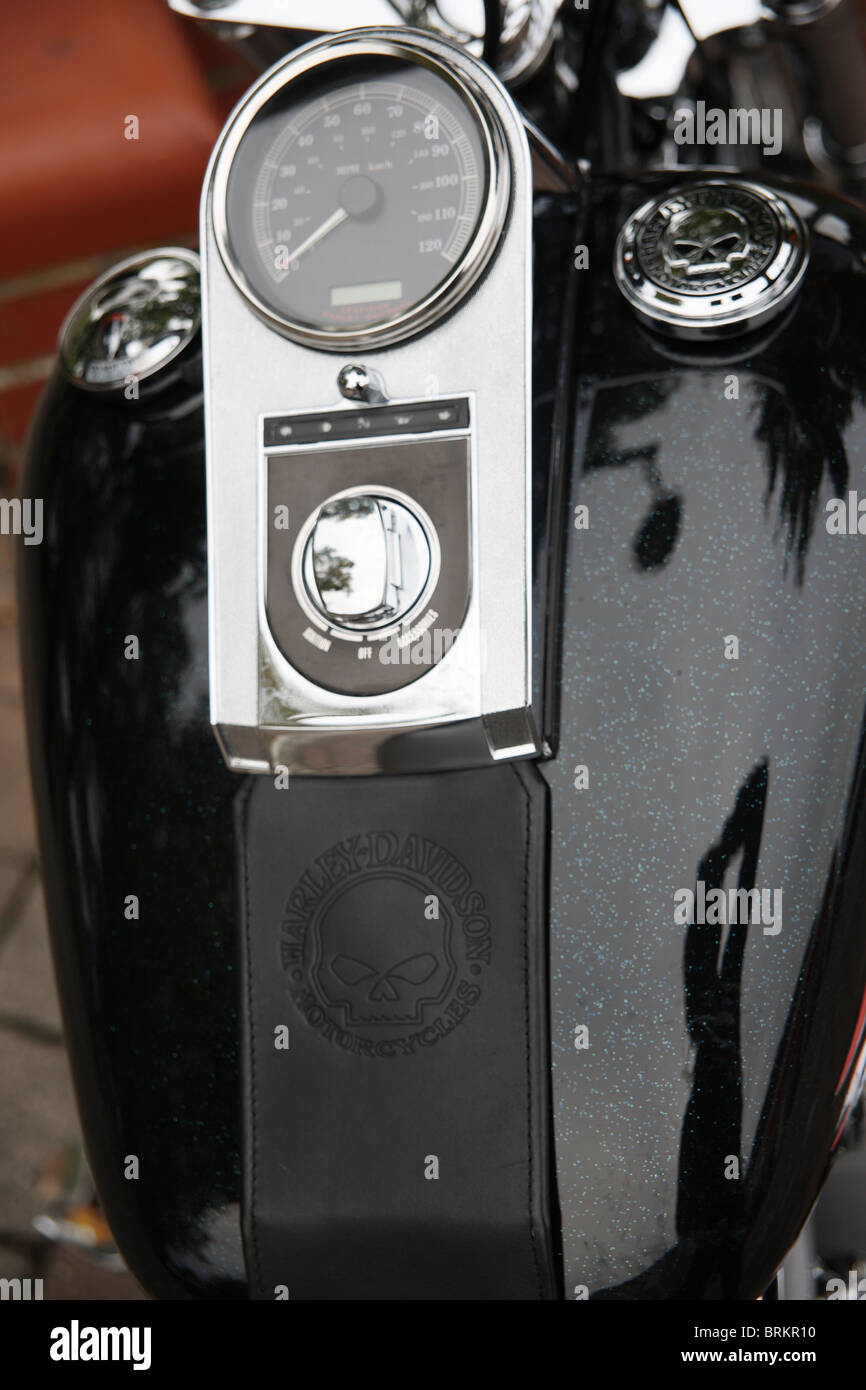 Harley Davidson serbatoio benzina dotato di scaglie metalliche di verniciatura e cranio detailling. Foto Stock