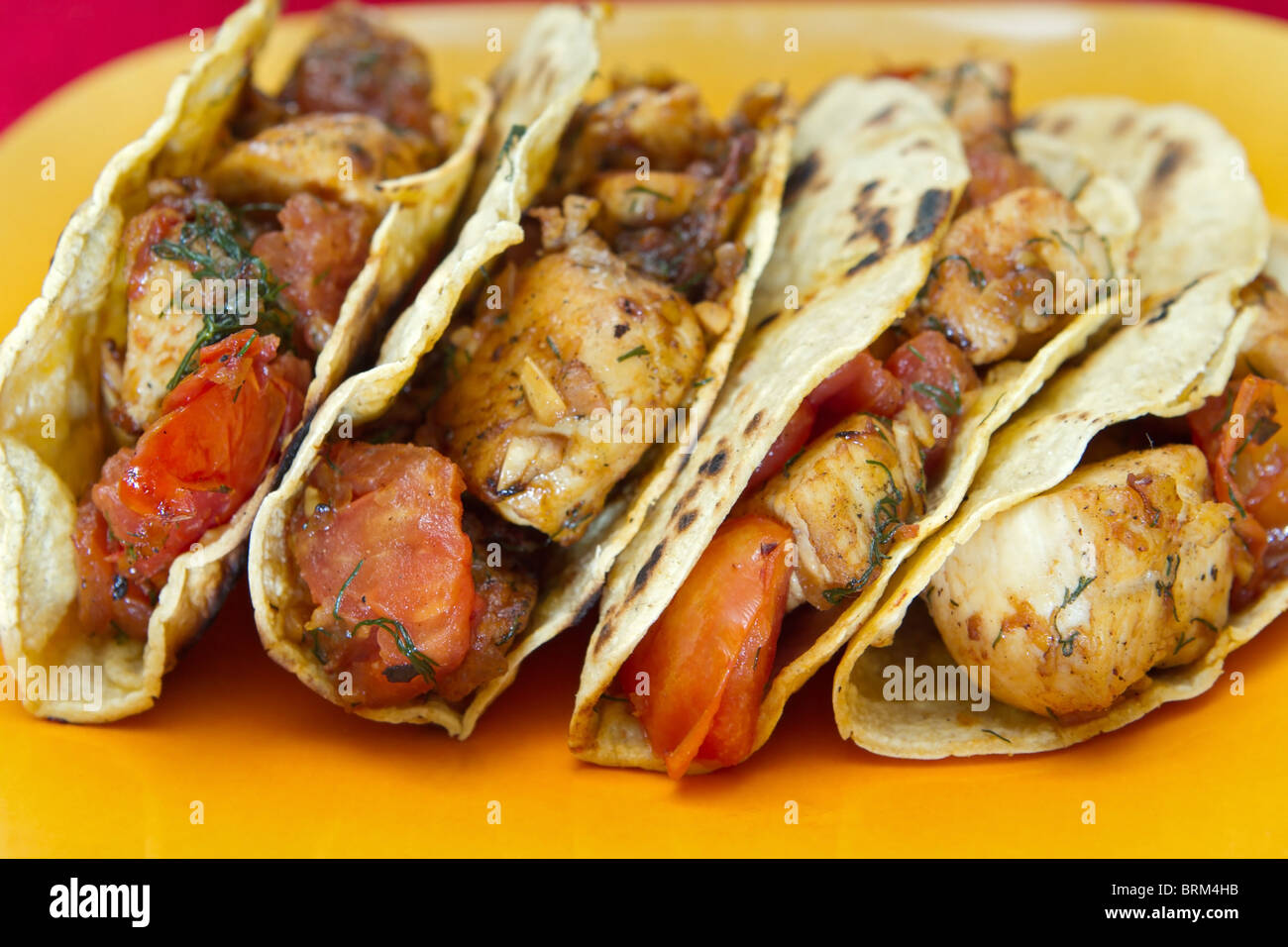 Quattro tacos di pollo closeup su una piastra di colore giallo Foto Stock