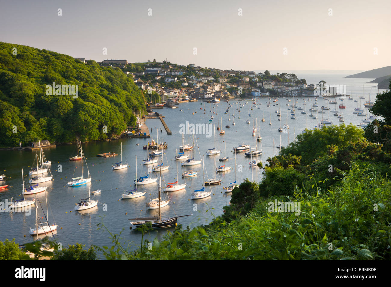 Pont pillola, Polruan e l'Estuario Fowey da Hall a piedi vicino Bodinnick, Cornwall, Inghilterra. Per il periodo estivo (Giugno 2010). Foto Stock