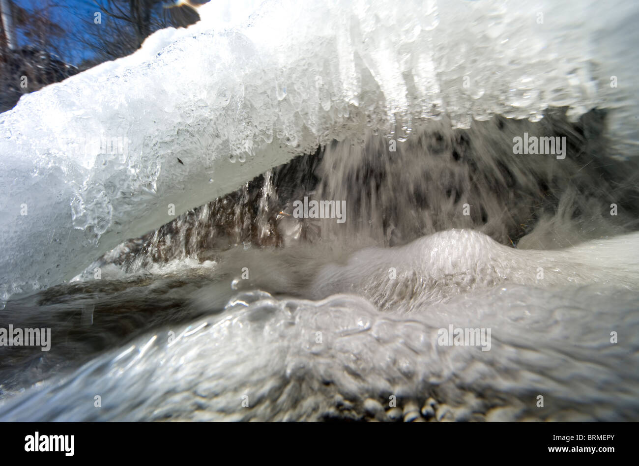Natura invernale dettagli, ghiaccio e acqua corrente, Svezia Foto Stock