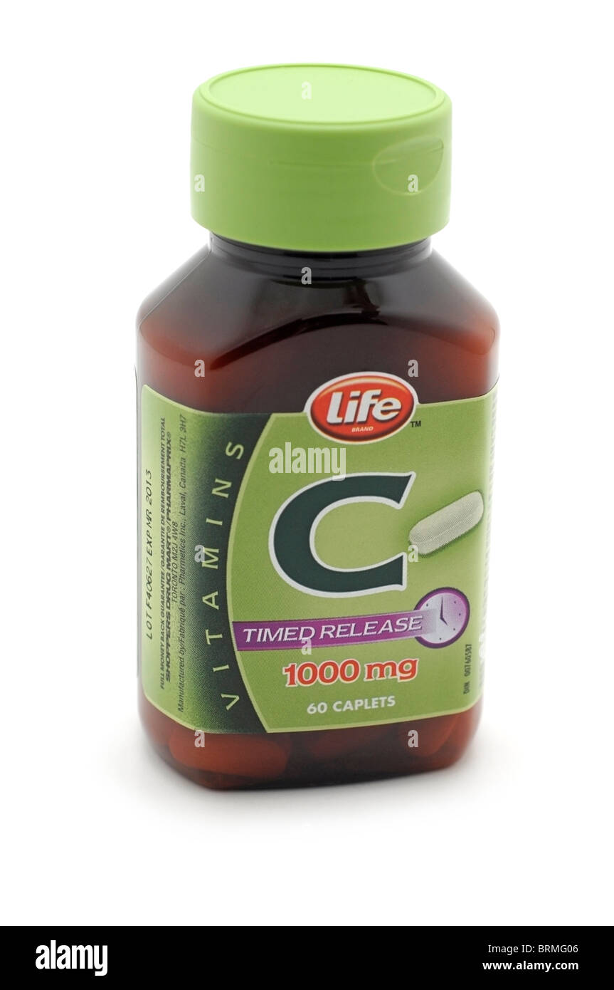 Bottiglia di vitamina C caplet Foto Stock