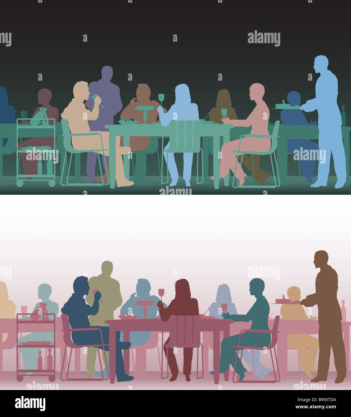 Due le versioni a colori dello stesso vettore modificabile scena di persone di mangiare in un ristorante Foto Stock