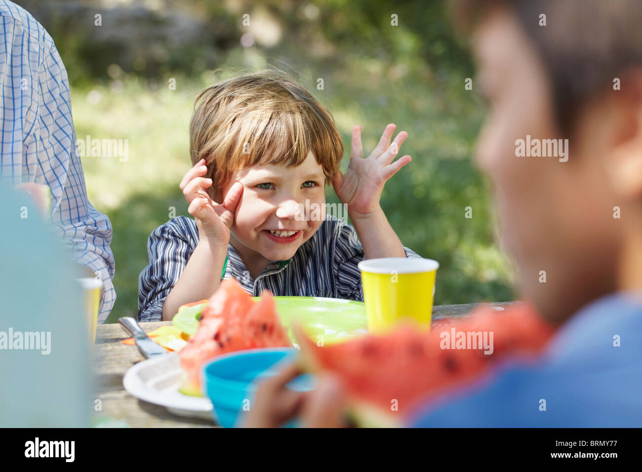 Gesticulating little boy a picnic Foto Stock