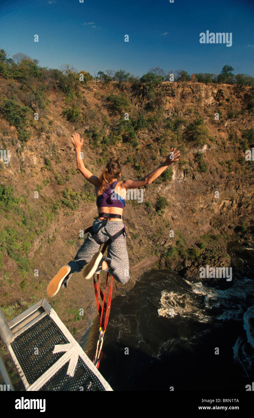 Bungee jumping dal ponte ferroviario attraverso la Batoka Gorge Foto Stock