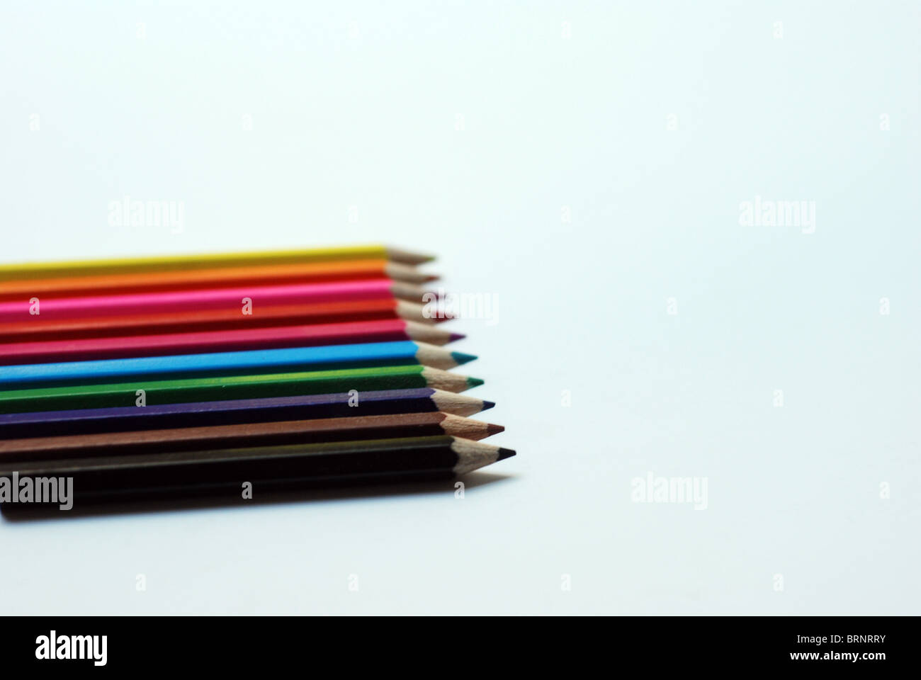 Una collezione di matite colorate intaglio con uno sfondo bianco - giallo, arancione, rosa, rosso, blu, verde, viola, marrone, nero Foto Stock