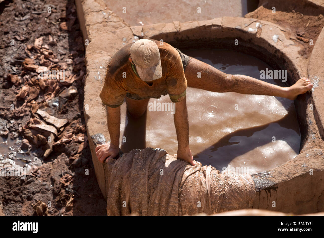 Lavoratori marocchini,Cuoio concia,fez medina Foto Stock