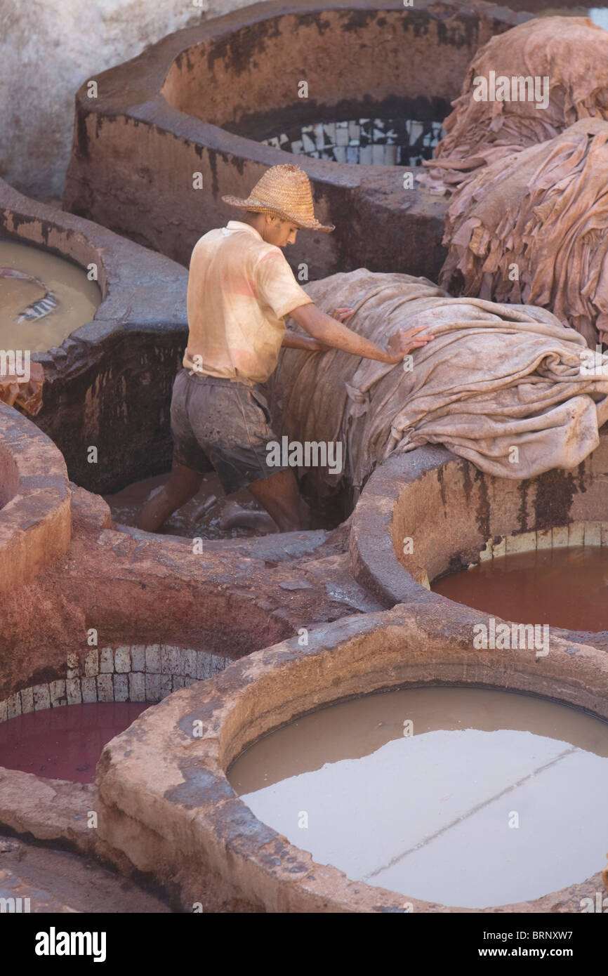 Lavoratori marocchini,Cuoio concia,fez medina Foto Stock