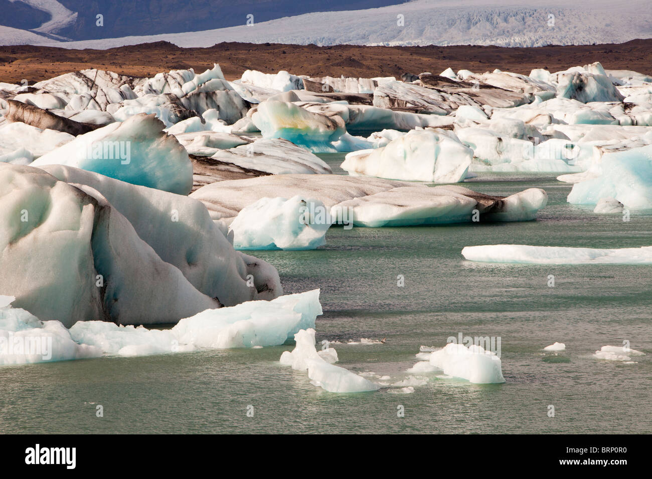 Jokulsarlon laguna di ghiaccio in Islanda della south coast, il ghiacciaio che lo alimenta è ritirata rapidamente a causa di cambiamenti climatici Foto Stock