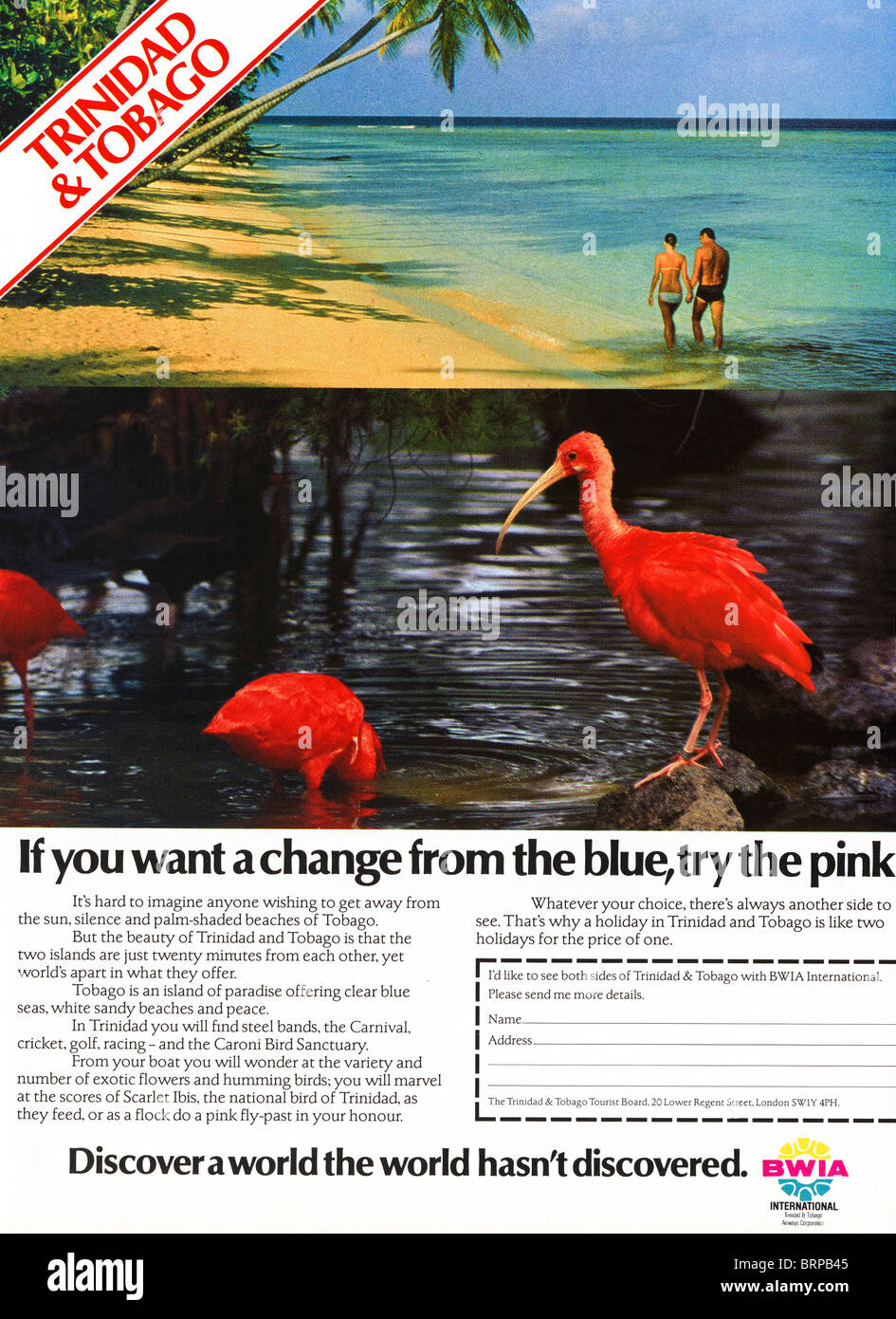 Trinidad e Tobago Tourist Board annuncio di colore in inglese rivista di moda circa 1983 Foto Stock