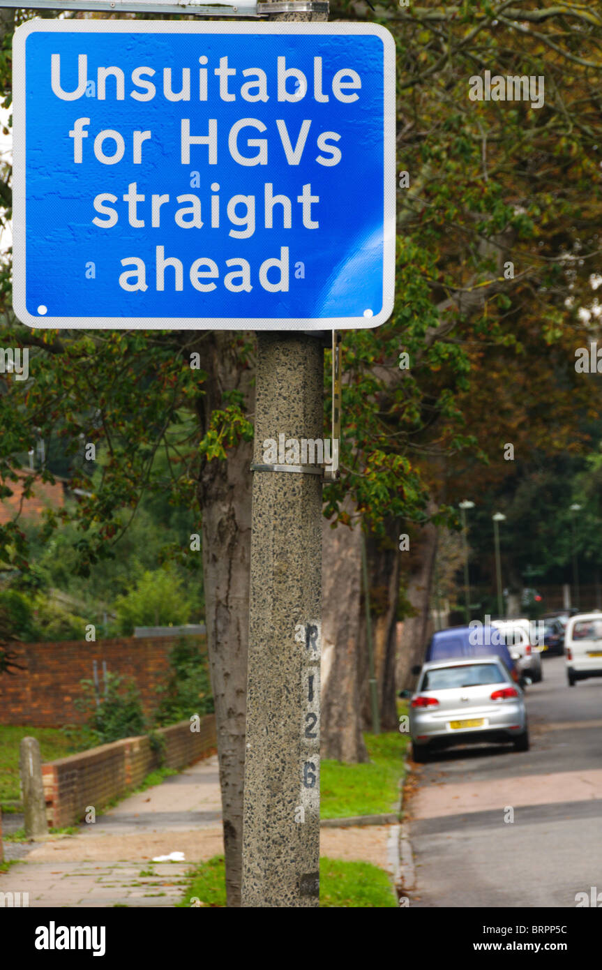 Un inglese un cartello stradale avverte che la strada da percorrere è inadatto per veicoli pesanti Foto Stock