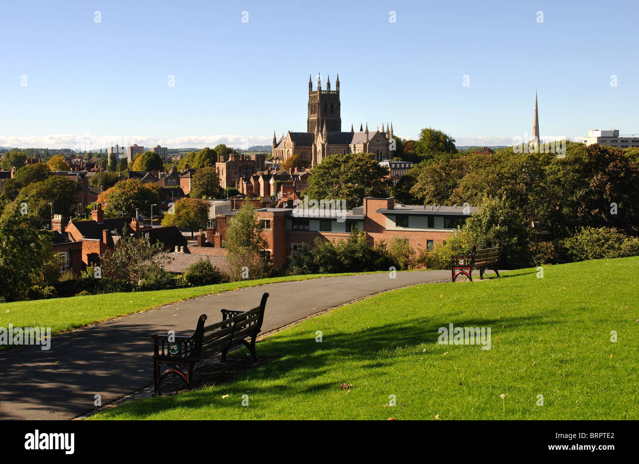 Vista da Fort Royal Park verso la cattedrale di Worcester, Worcestershire, England, Regno Unito Foto Stock