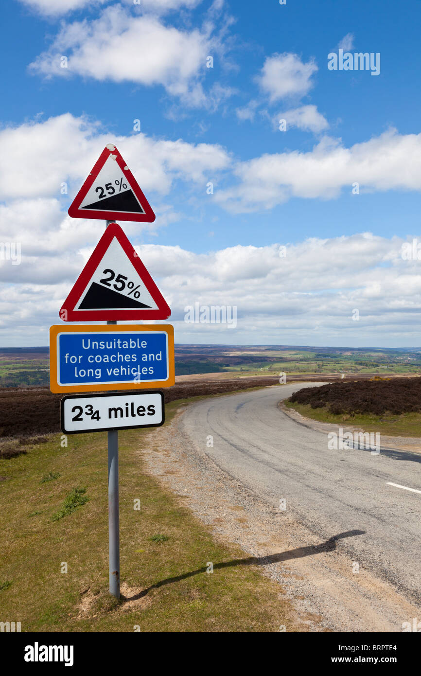 Cartello stradale per il Regno Unito. Pericolo, segnale di avvertenza in pendenza su una strada di campagna in pendenza. Foto Stock