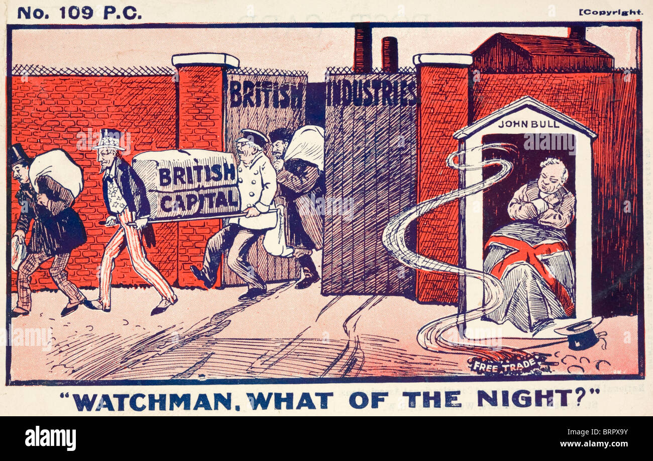 La propaganda protezionistiche card raffigurante il volo della capitale britannica e della ricchezza generata dal libero scambio. Foto Stock