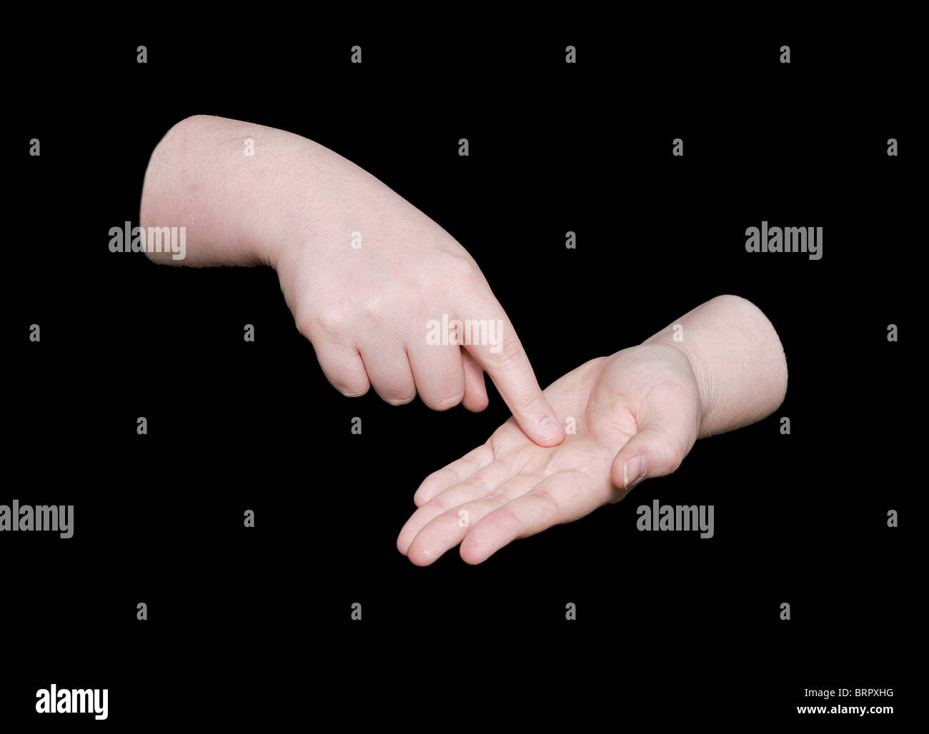 La parola presente nel linguaggio dei segni su sfondo nero Foto Stock